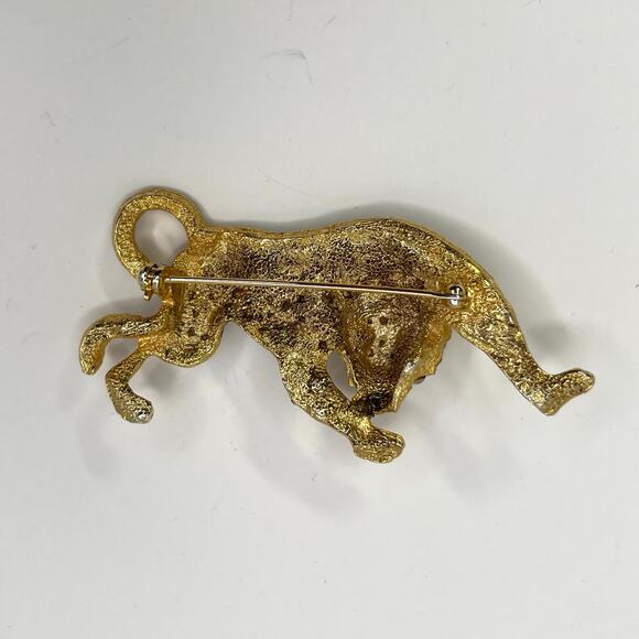 Leopard Cheetah Jaguar Wild Cat Animal Brooch Pin Gold Black Rhinestones - Picture 6 of 7